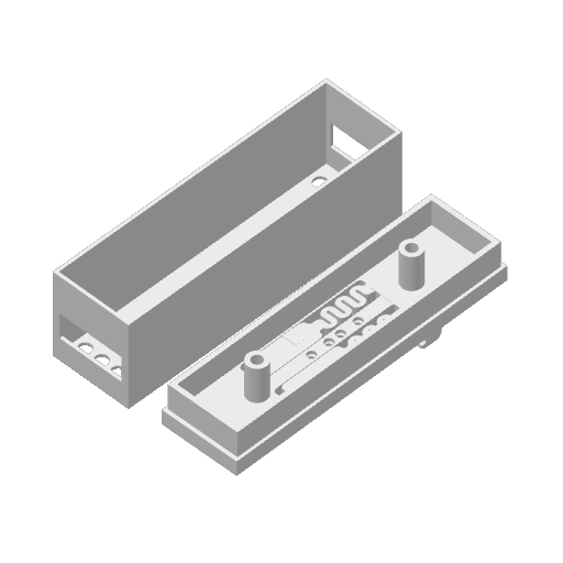 The two printed parts: the shell, and the base with its rail clip, pogo-pin holes and two posts
